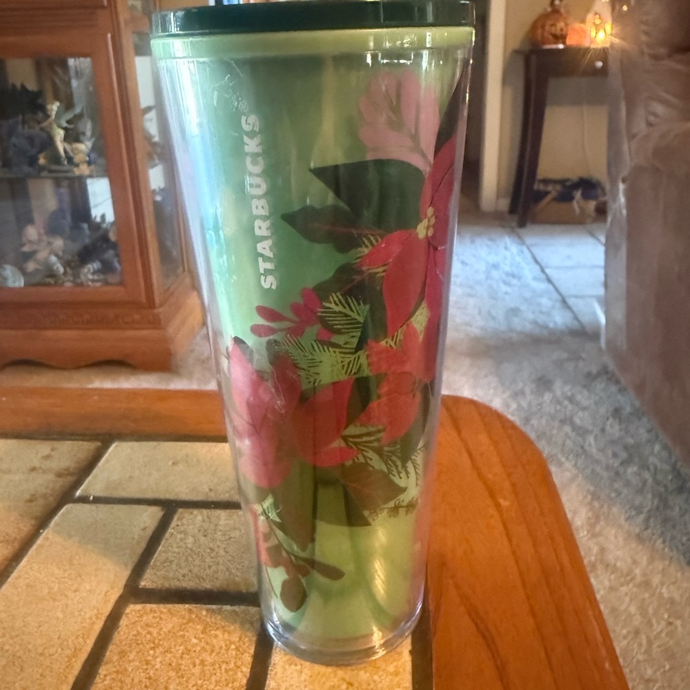 Starbucks Green Tumbler with Pink and Red Floral Design